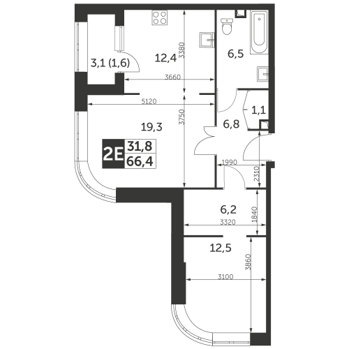 2-комнатная, квартира, 66.4 м²