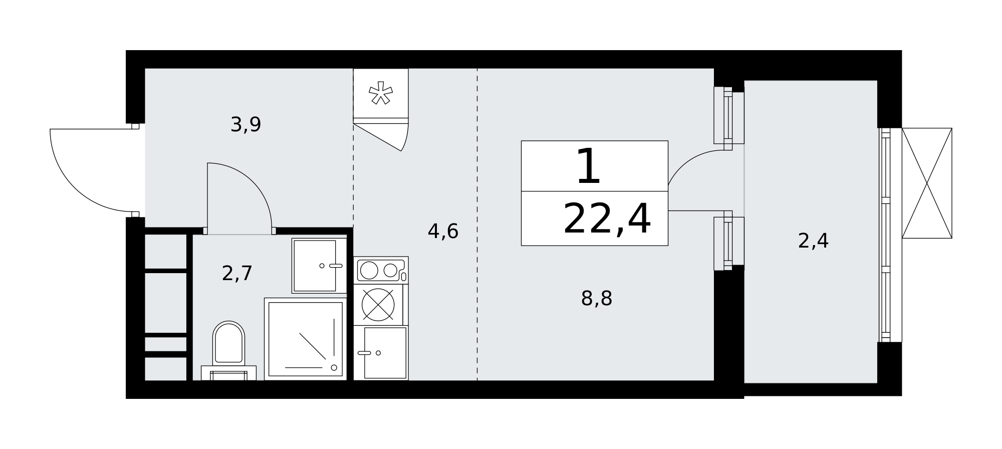 1-комнатная квартира №24К-25.2-256, 22,4 м² за 8,72 млн руб. в ЖК «Скандинавия» - планировка