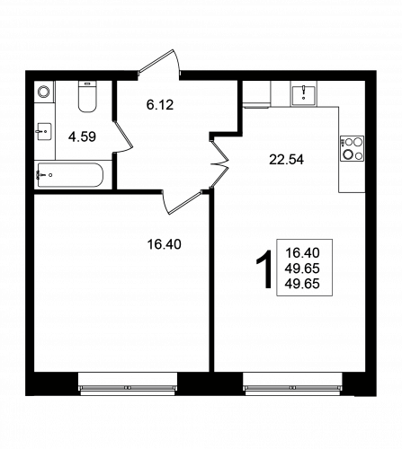 1-комнатная, квартира, 49.65 м²