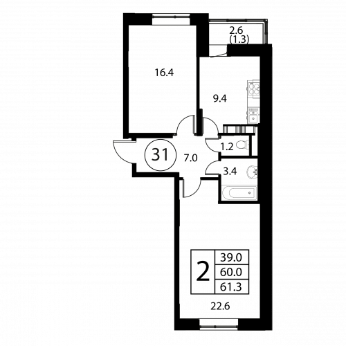 2-комнатная, квартира, 61.3 м²