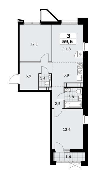3 комнаты до 59.6