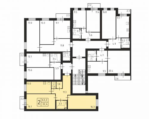 2-комнатная, квартира, 63.2 м²