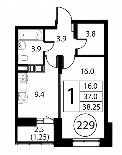 1-комнатная, квартира, 38.25 м²