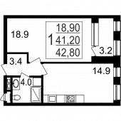 1-комнатная квартира 42,8 м²
