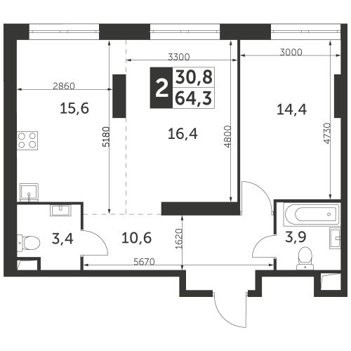 2-комнатная, квартира, 64.3 м²
