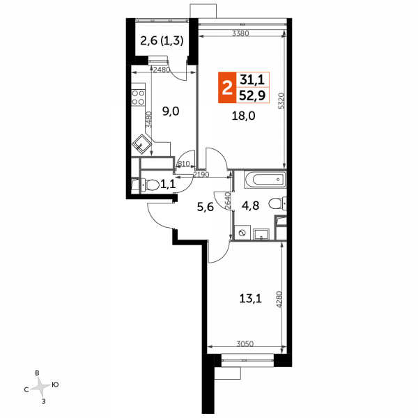 2 комнаты до 52.9