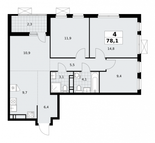 Многокомнатная, 78.1 м²