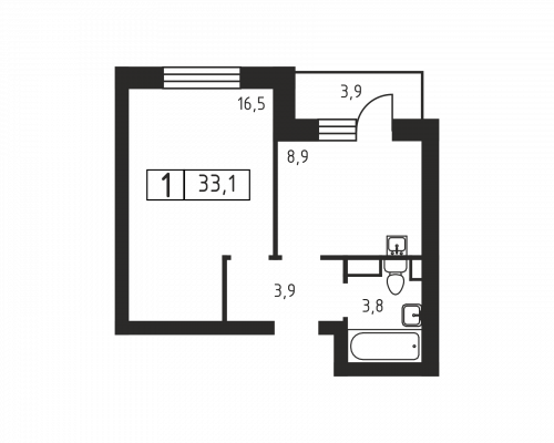 1-комнатная, 33.1 м²
