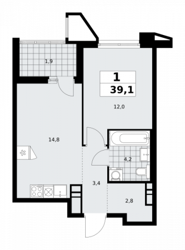 1-комнатная, 39.1 м²