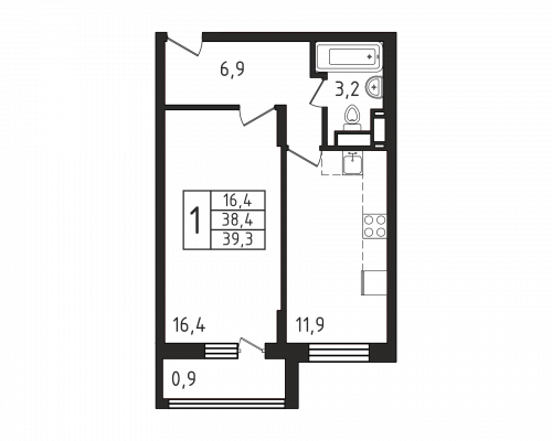 1-комнатная, квартира, 39.3 м²