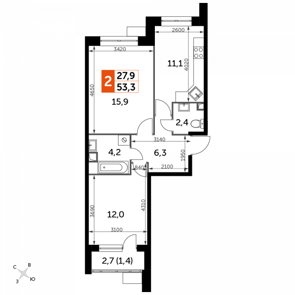 2 комнаты до 53.3