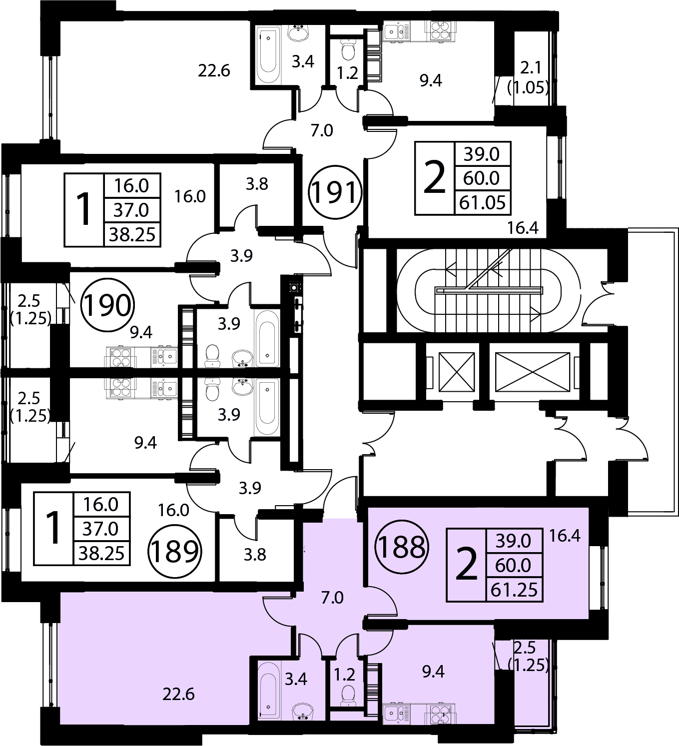 2-комнатная квартира №188, 61,3 м² за 9,98 млн руб. в ЖК «Космос» - планировка