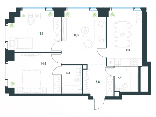 3-комнатная, 73.3 м²