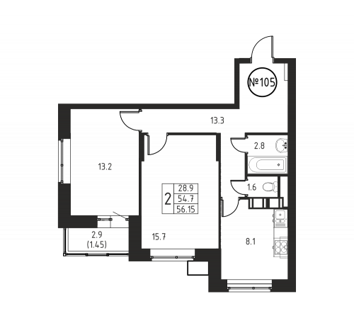 2-комнатная, квартира, 56.15 м²