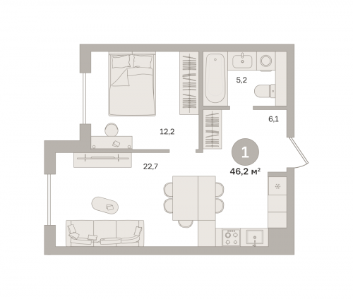 1-комнатная, квартира, 46.26 м²