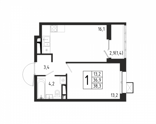 1-комнатная, квартира, 38.3 м²