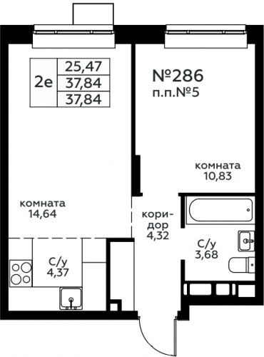 2-комнатная, 37.84 м²