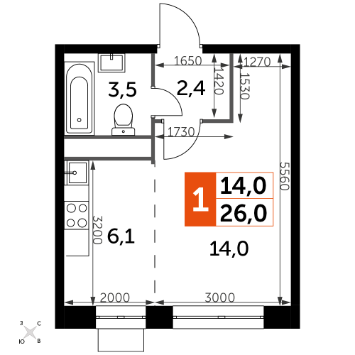 Студия, 26 м²