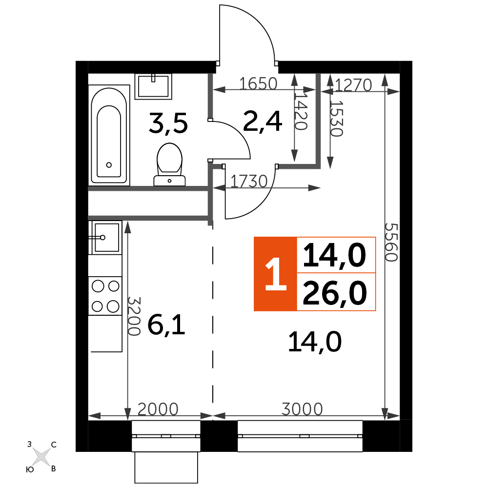Квартира-студия №1157, 26,0 м² за 6,23 млн руб. в ЖК «Датский квартал» - планировка