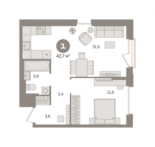 1-комнатная, квартира, 42.7 м²