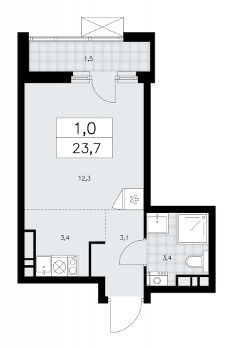 1-комнатная, 23.7 м²
