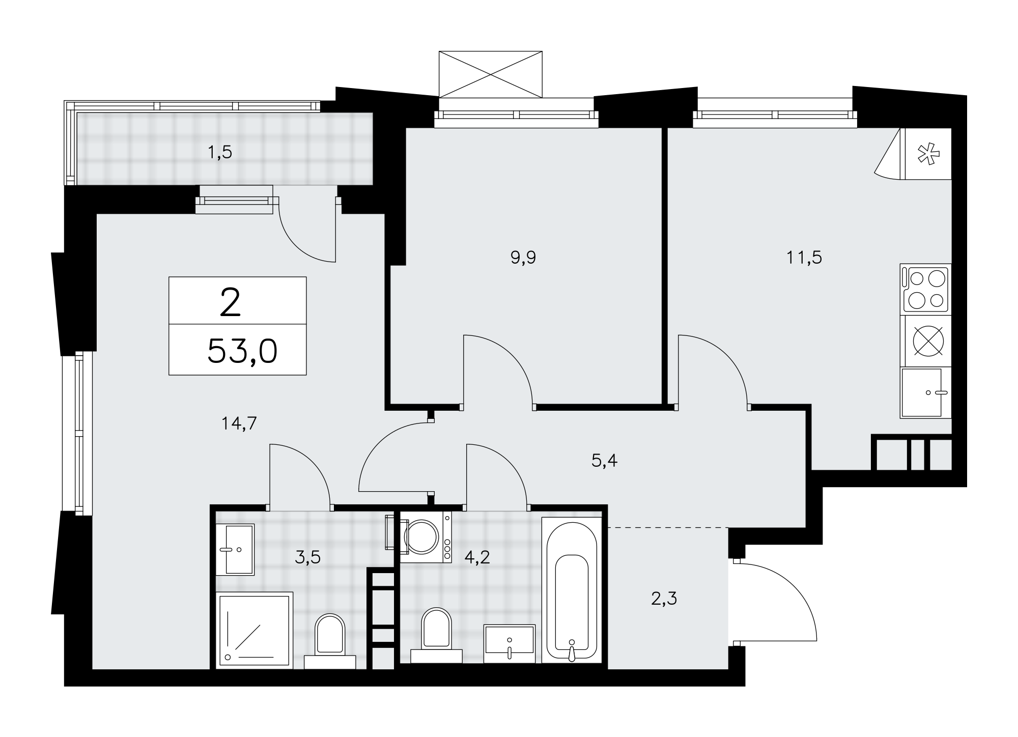 2-комнатная квартира №58К-11.1.2-295, 53,0 м² за 16,33 млн руб. в ЖК «Прокшино» - планировка