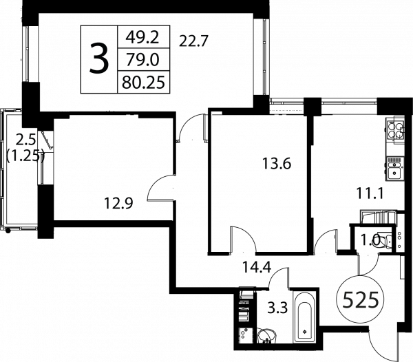 3 комнаты до 80.25