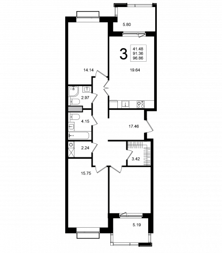 3-комнатная, квартира, 96.86 м²