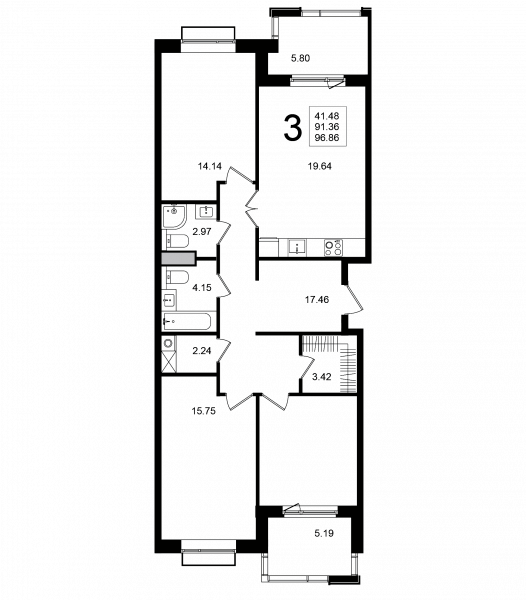 3 комнаты до 96.86