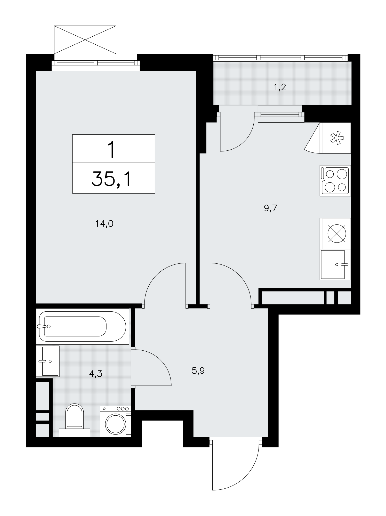 1-комнатная квартира №58К-11.1.4-807, 35,1 м² за 10,75 млн руб. в ЖК «Прокшино» - планировка