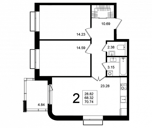 2-комнатная, квартира, 70.74 м²