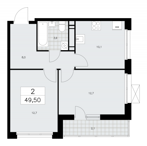 2-комнатная, 49.5 м²