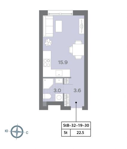 Студия, 22.6 м²
