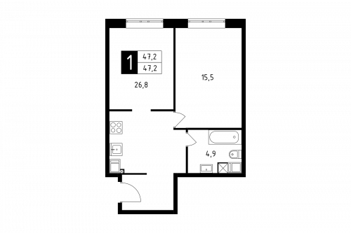 1-комнатная, квартира, 47.4 м²