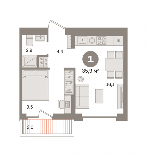 1-комнатная, квартира, 35.93 м²