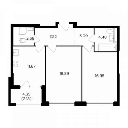 2-комнатная, 66.86 м²