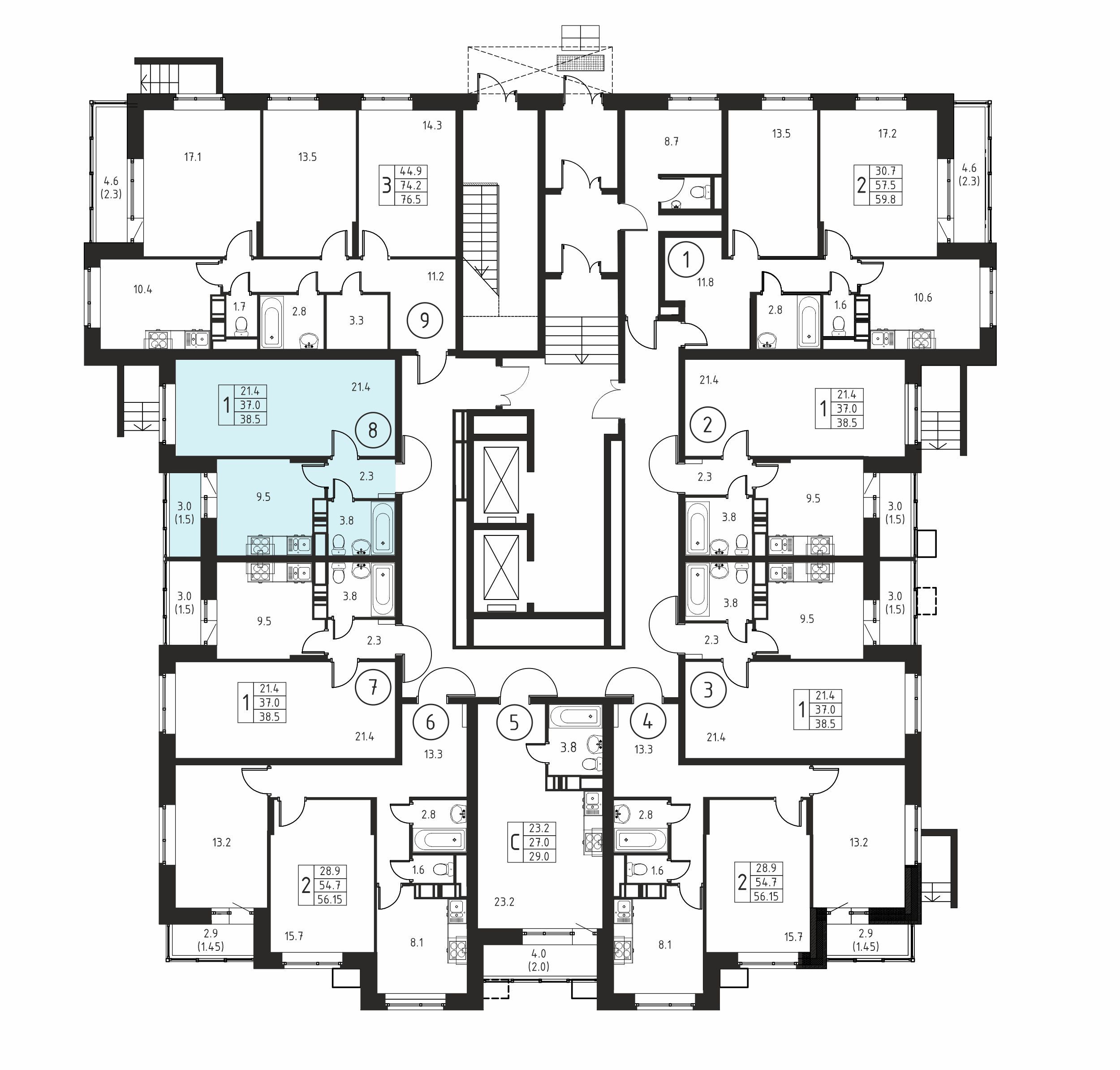 1-комнатная квартира №8, 38,5 м² за 5,74 млн руб. в ЖК «Космос» - планировка