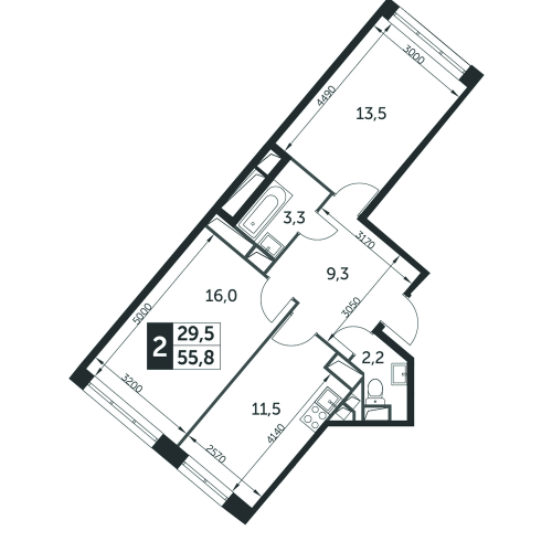 2-комнатная, квартира, 55.8 м²