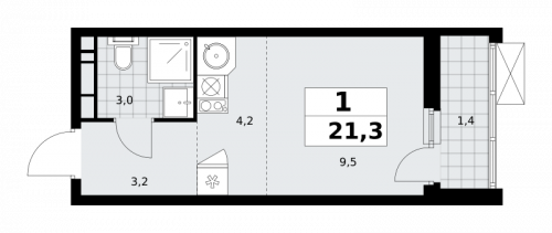 1-комнатная, 21.3 м²