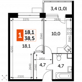 1-комнатная квартира 38,5 м²