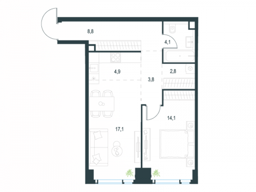 2-комнатная, 55.6 м²