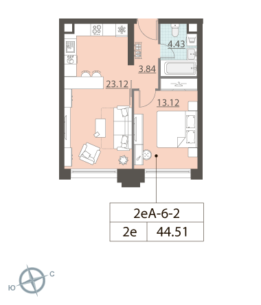 1-комнатная, квартира, 43.13 м²