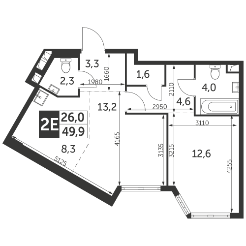 2-комнатная, квартира, 49.9 м²