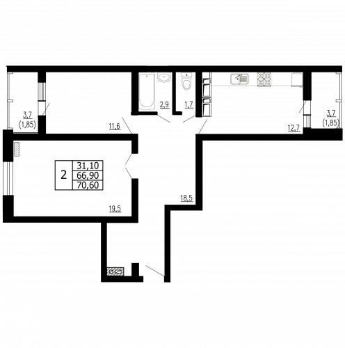 2-комнатная, квартира, 70.6 м²