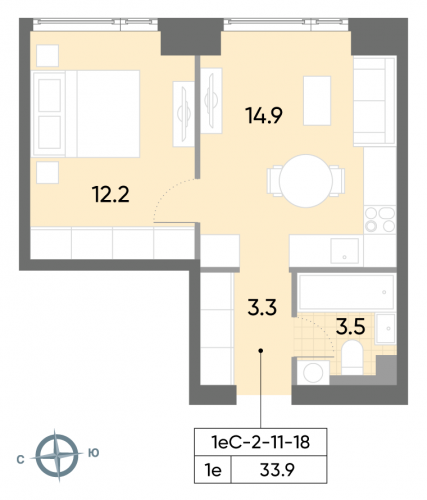 1-комнатная, квартира, 33.9 м²