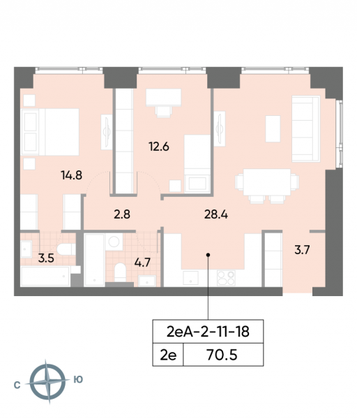 2 комнаты до 70.5