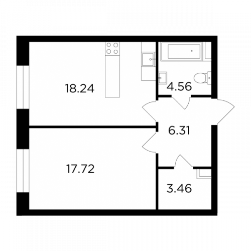 1-комнатная, 50.29 м²