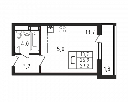 Студия, 27.2 м²