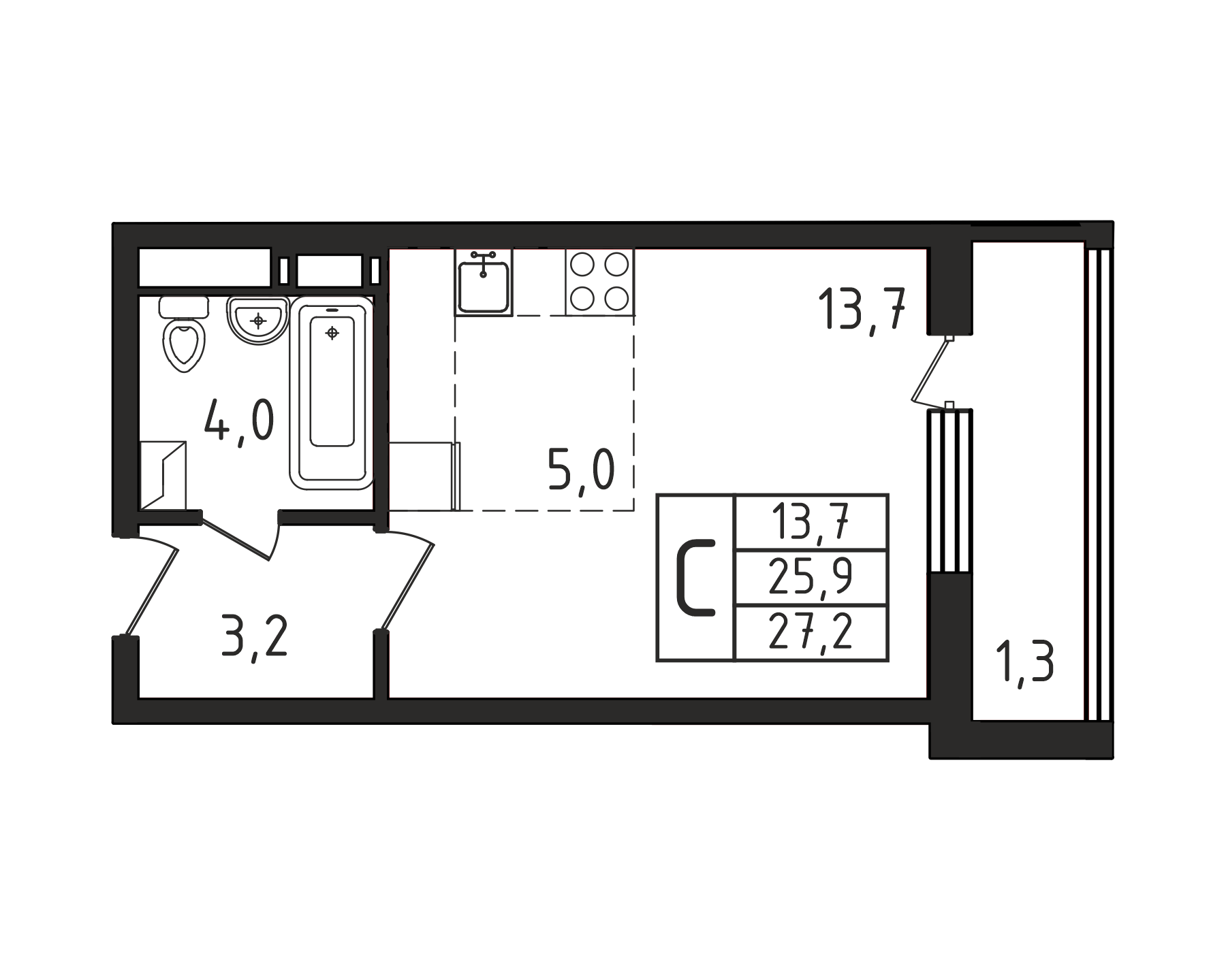 Квартира-студия №84, 27,2 м² за 5,20 млн руб. в ЖК «Пироговская Ривьера» - планировка