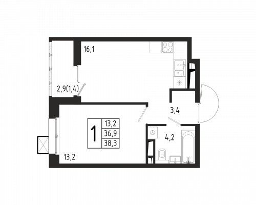 1-комнатная, квартира, 38.3 м²
